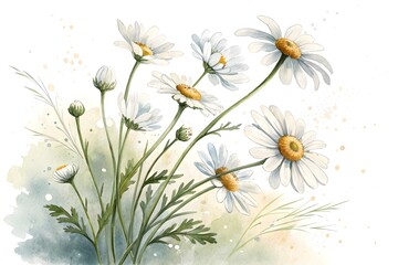 Fototapeta premium Watercolor floral painting of white daisies