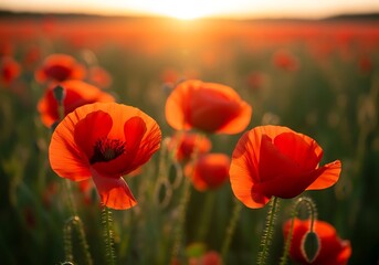 Obraz premium A vibrant field of red poppies bathed in warm sunset light.