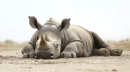 Photograph of a rhinoceros lying on sand, exhibiting textured skin and a prominent horn.