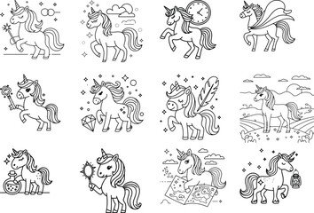 Magical unicorns collection line art coloring pages with various objects and scenes isolated on white background