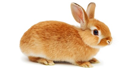Photograph of a fluffy, light brown rabbit sitting upright against a white background.