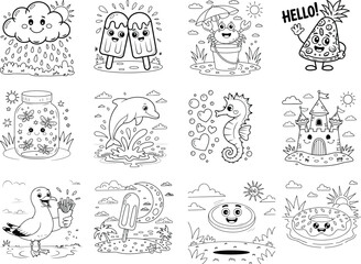 Whimsical cartoon characters and summer themed objects outline illustrations for coloring pages isolated on white background