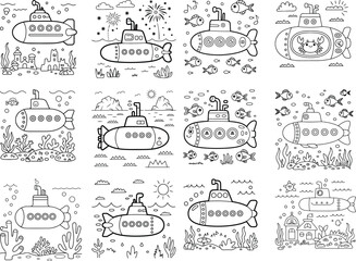 Collection of charming cartoon submarines and diverse underwater scenes perfect for coloring ocean fish and marine life adventures isolated on white background