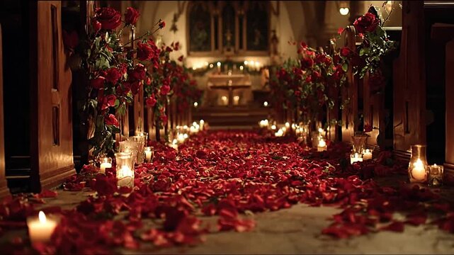 Interior shot of a church aisle covered in red rose petals, lined with lit candles