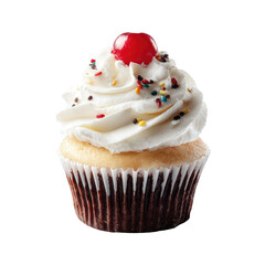 Vanilla cupcake topped with white frosting, sprinkles, and a cherry