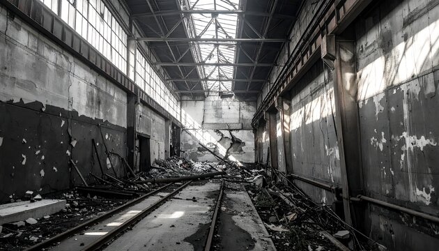 The desolate interior of a destroyed industrial warehouse filled with rubble and debris