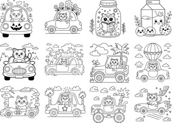 Charming cartoon cats enjoying whimsical adventures in vehicles and delightful settings for coloring isolated on white background