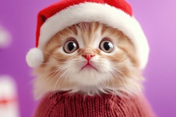 Adorable kitten in santa hat and pink sweater against festive purple background