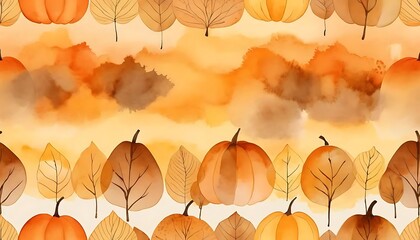 Autumn Watercolor Pumpkins and Leaves Pattern