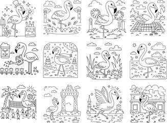 Collection of outline illustrations featuring cartoon flamingos engaged in diverse activities and poses on a white background isolated on white background