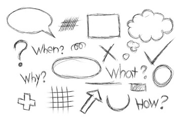Hand-drawn sketches and question marks for conceptual Ideas. 