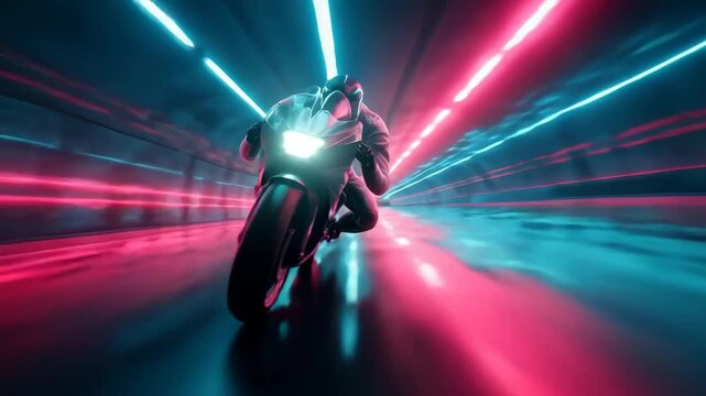 Motorcyclist leans into a sharp turn in a neon-lit tunnel during a nighttime ride