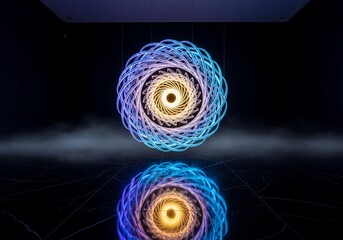 Vibrant Glowing Abstract Spiral Light Art Reflected in a Dark Environment