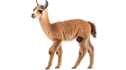 Obraz premium Photograph of a brown llama standing upright against a white background.