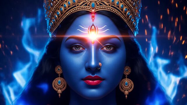 Fiery Goddess Kali Digital Art Intense Close-up Portrait with Blue Flames and Ornate Jewelry, Mystical and Powerful Hindu Deity Image for Spiritual, Religious, and Cultural Designs