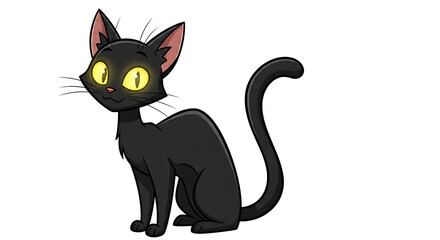 A charming animated black cat with luminous yellow eyes sits elegantly, portraying a sense of mystery and playful curiosity on a clean white background, perfect for whimsical designs and stories