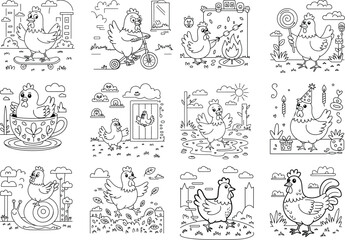 Charming whimsical chicken engaged in various fun activities such as riding a skateboard in the city for coloring pages isolated on white background