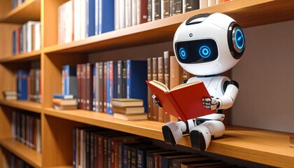 Humanoid robot reading red book in library—symbolizing AI learning and tech-education fusion.