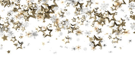 Elegant holiday design with gold stars, snowflakes. Perfect for cards, banners, and winter celebrations.