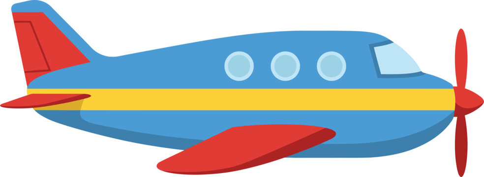 Colorful cartoon airplane with propeller and windows flying through the sky transportation aircraft for kids isolated on transparent background