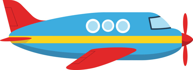 Fun cartoon blue airplane with red accents and yellow stripe for kids travel adventure transportation isolated on transparent background