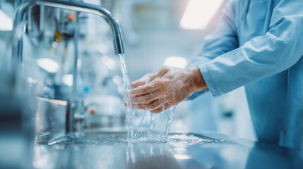 Surgeon washing hands under bright medical sink