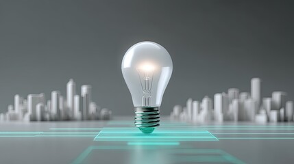 Light bulb glowing above digital cityscape with futuristic technology and innovation in a conceptual design