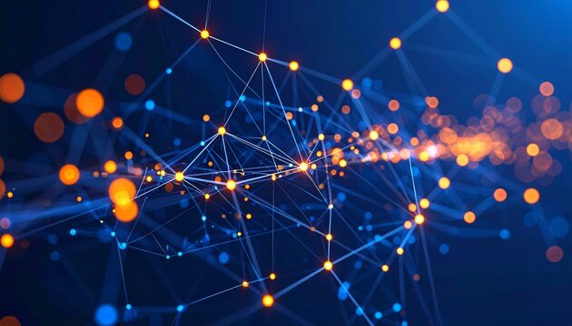Glowing neural network with orange and blue nodes on dark background—symbolizing AI and connectivity.