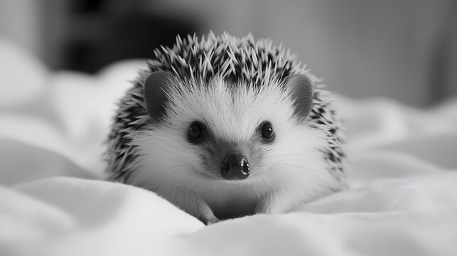 Photograph of a small, adorable hedgehog nestled on a white fabric background. - Powered by Adobe