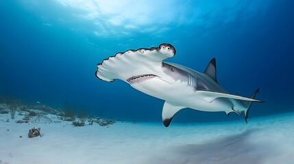 Obraz premium Photograph of a hammerhead shark gliding through deep blue ocean water.
