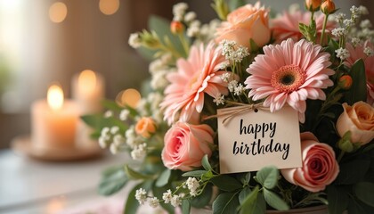 Beautiful birthday flower arrangement with Happy Birthday tag on table. Bouquet of roses, gerberas, and other flowers, bokeh background with candles. Gift, present, celebration of a special occasion.
