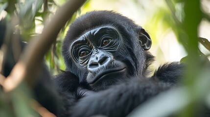Obraz premium Photograph of a young gorilla peering intensely from a lush, green forest canopy.