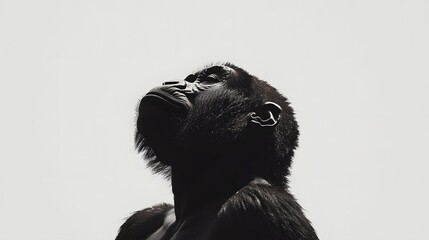 Photograph of black and white photograph of a gorilla looking upwards, isolated against a bright background.