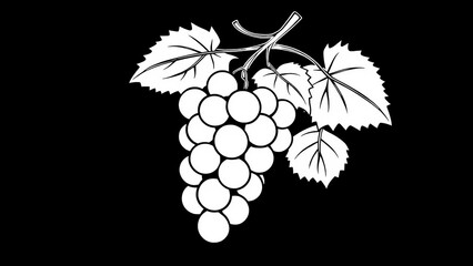 Obraz premium Simple black and white line art illustration of grape bunch with leaves on dark background.