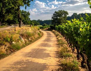 Fototapeta premium Dusty road through vineyards under a partly cloudy sky