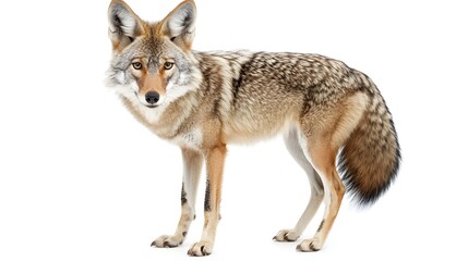Fototapeta premium Photograph of a coyote standing upright with mottled brown and grey fur.