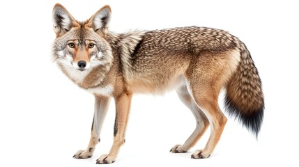 Fototapeta premium Photograph of a coyote standing attentively, exhibiting a patterned coat and intense gaze.