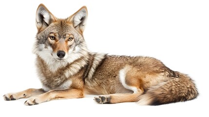 Photograph of a gray wolf resting on a white background, displaying intense gaze.