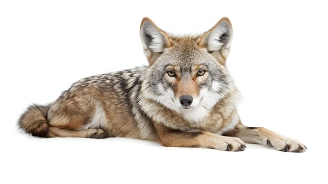 Photograph of a coyote resting on a white background, displaying its distinctive markings.