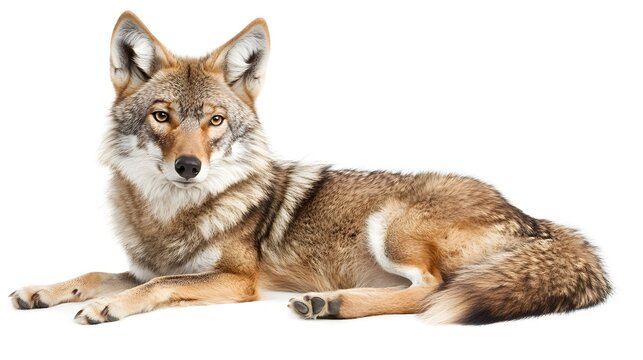 Photograph of a gray wolf resting on a white background, displaying intense gaze.