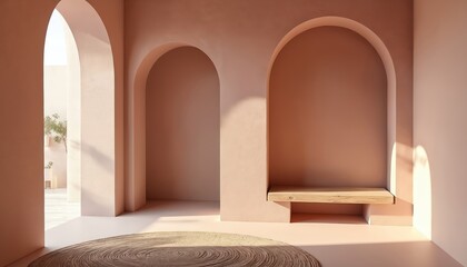 Minimalist interior design with blush-toned walls and rounded arches. Natural light streams in, creating serene atmosphere. Features include textured walls, organic shapes, and simple wooden bench.