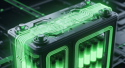 A modern battery design with glowing green circuitry and internal components, showcasing a futuristic aesthetic.