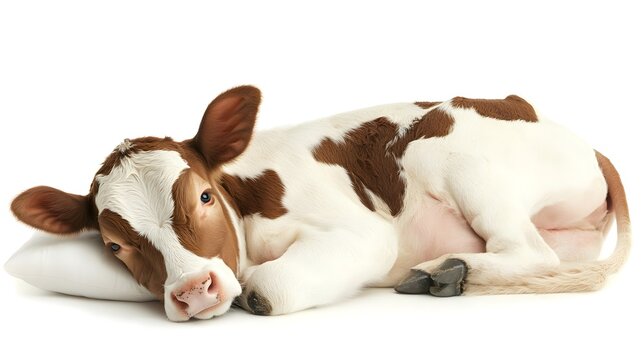 Photograph of a brown and white cow resting on a white pillow.