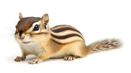 Obraz premium Photograph of a chipmunk resting on a white background, displaying its striped fur and inquisitive expression.