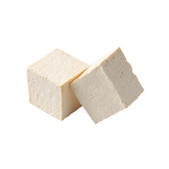 Two cubed tofu pieces, light beige, angled slightly apart against a black background