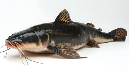 Photograph of a catfish resting on a white background, displaying dark and light markings.