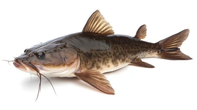 Photograph of a catfish resting on a white background, displaying dark markings and prominent barbels.