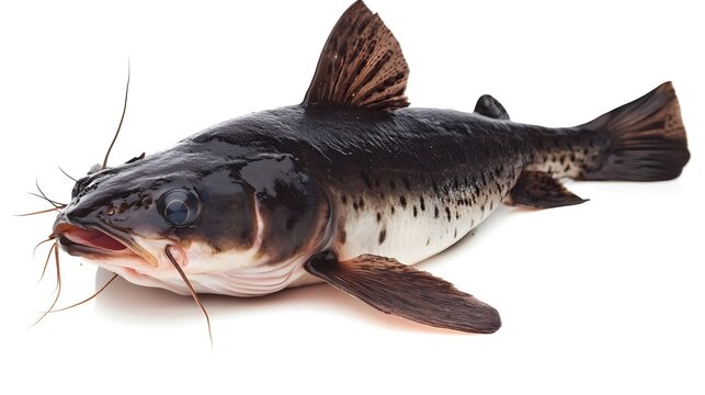 Photograph of a wels catfish resting on a white surface, displaying dark and light markings.