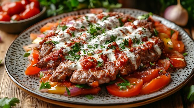 Iskender kebab on plate with yogurt tomatoes butter sauce