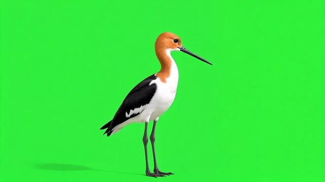 Elegant avocet bird gracefully standing tall against vibrant green screen, perfect for nature documentaries and wildlife educational content